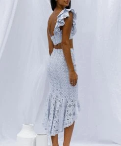 Selfie Leslie Talk About Me Ruffle Shoulder Twist Bust Crop Top Steel Blue New In