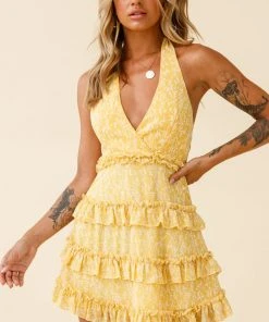 Selfie Leslie Venezuela Ruffle Trim Tie-Back Halterneck Dress Floral Print Yellow/White