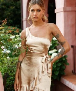 Selfie Leslie Valentines Day Waiting For Tonight One Shoulder Faux Wrap Dress Champagne