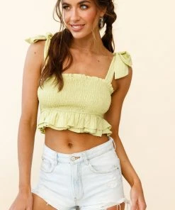 Selfie Leslie Andy Tied Shoulder Shirred Crop Top Apple Green Trending