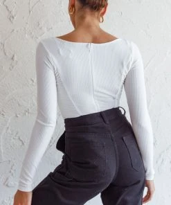 Selfie Leslie Bobbi Long Sleeve Ruched Side Ribbed Bodysuit White New In