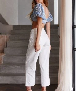 Selfie Leslie Aimee Puff Sleeve Floral Lace Crop Top Blue New In