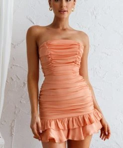 Selfie Leslie New In Annabella Strapless Tied Back Frill Hem Mini Dress Peach
