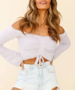Selfie Leslie By Your Side Off-Shoulder Long Sleeve Fuzzy Knit Top Lilac 10 Selfie Leslie By Your Side Off-Shoulder Long Sleeve Fuzzy Knit Top Lilac