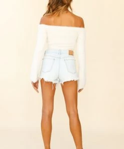 Selfie Leslie Baby Shower By Your Side Off-Shoulder Long Sleeve Fuzzy Knit Top White