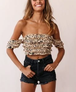 Selfie Leslie Bestsellers Tigerlily Tiered Frill Off-Shoulder Top Mocha Leopard