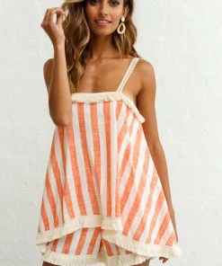 Selfie Leslie Trending Garnet Tiered Fringe Trim Romper Stripe Print Orange