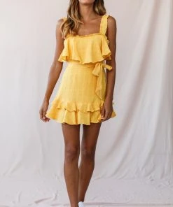 Selfie Leslie Acasia Frill Strap Ruffle Hem Dress Mustard Bestsellers