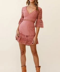 Selfie Leslie Clearance Believe It Crochet Detail Fluted Hem Dress Rose Clothing