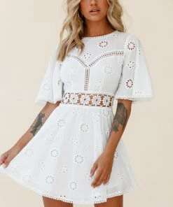 Selfie Leslie Anais Fluted Sleeve Exposed Back Broderie Anglaise Dress White Bridal Shower