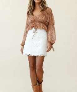 Selfie Leslie Bestsellers Beau Balloon Sleeve Drawstring Top Paisley Print Tan