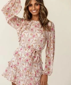 Selfie Leslie Sales Shop 47 Selfie Leslie Clearance Dusk Long Sleeve Waist Tie Frill Dress Floral Print Beige