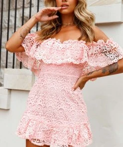 Selfie Leslie Valentines Day Mykonos Off-Shoulder Crochet Lace Dress Pink